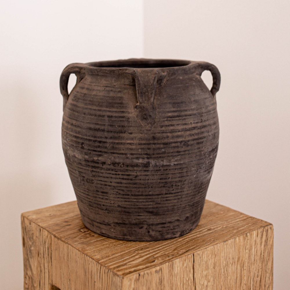 Atelier Vintage Inspired Black Grey Pot Vase with Handles