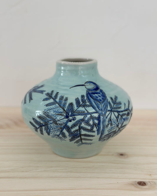 Decorative Blue Vase with Bird Print